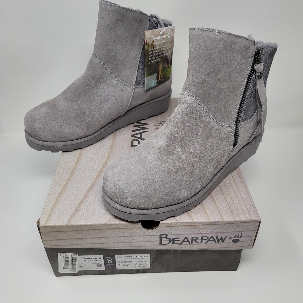 Bearpaw Megan II Wide Ankle Boots Gray Fog‎ Suede Snake Embossed NeverWet Sz 8W